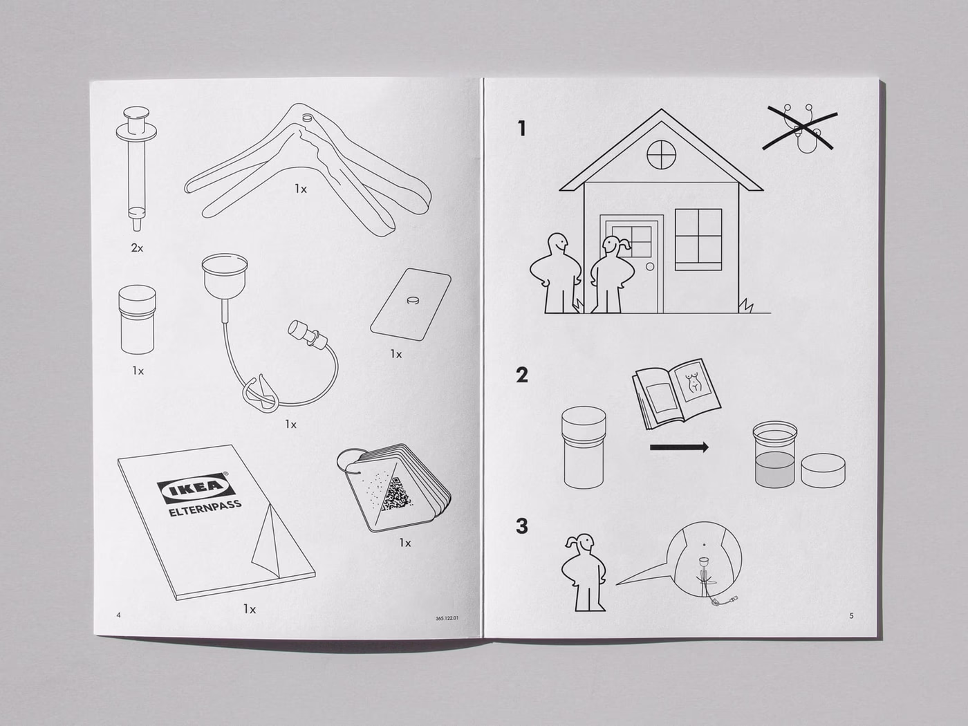 An open IKEA assembly booklet with line drawings for a fictional medical product.