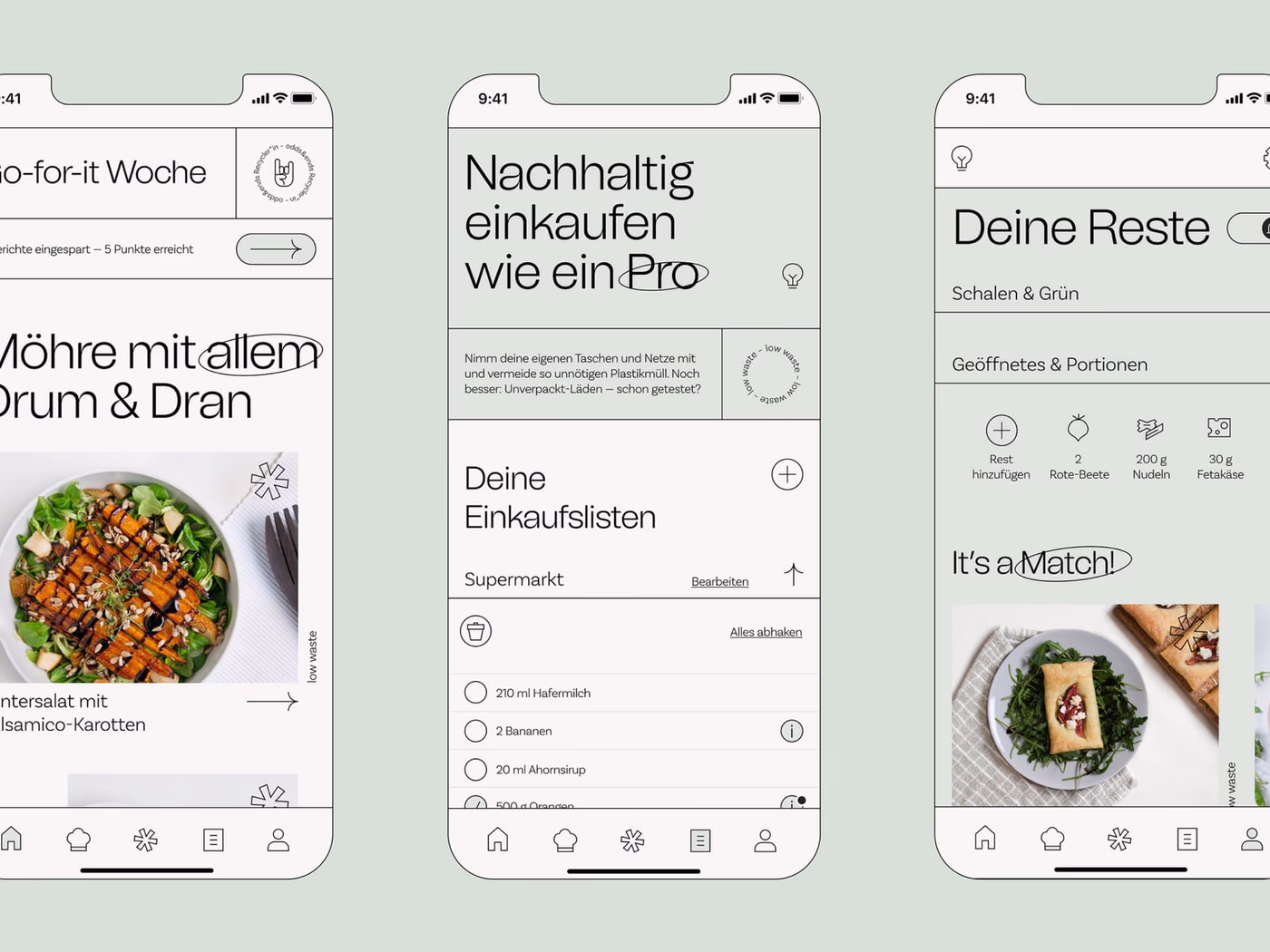 Three Odds & Ends smartphone screens on a sage-green background — weekly planner, shopping list and leftover usage.
