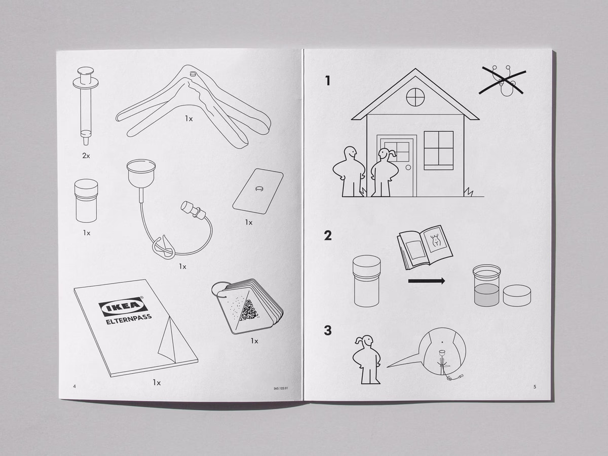 An open IKEA assembly booklet with line drawings for a fictional medical product.