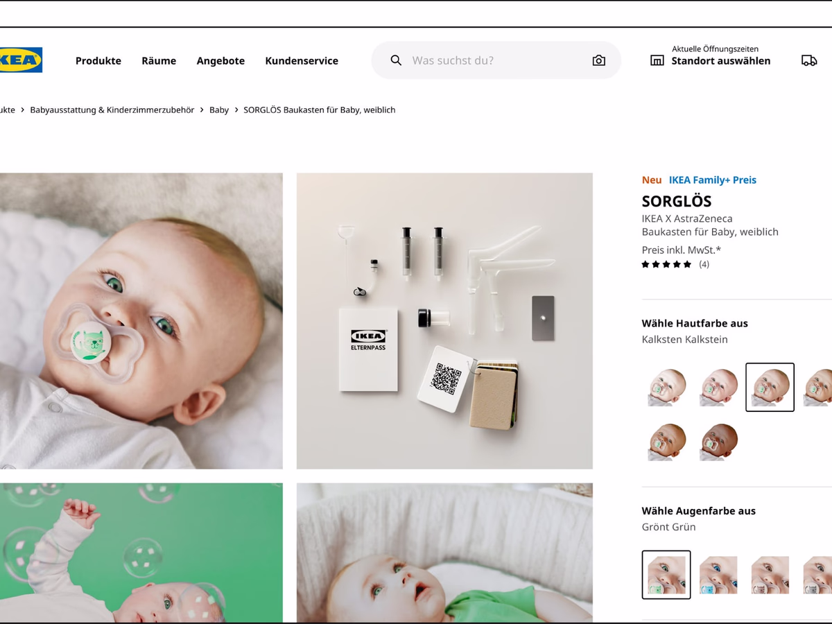 IKEA product page mockup for "SORGLÖS", a baby kit from the AstraZeneca concept, with swatches and filter options.