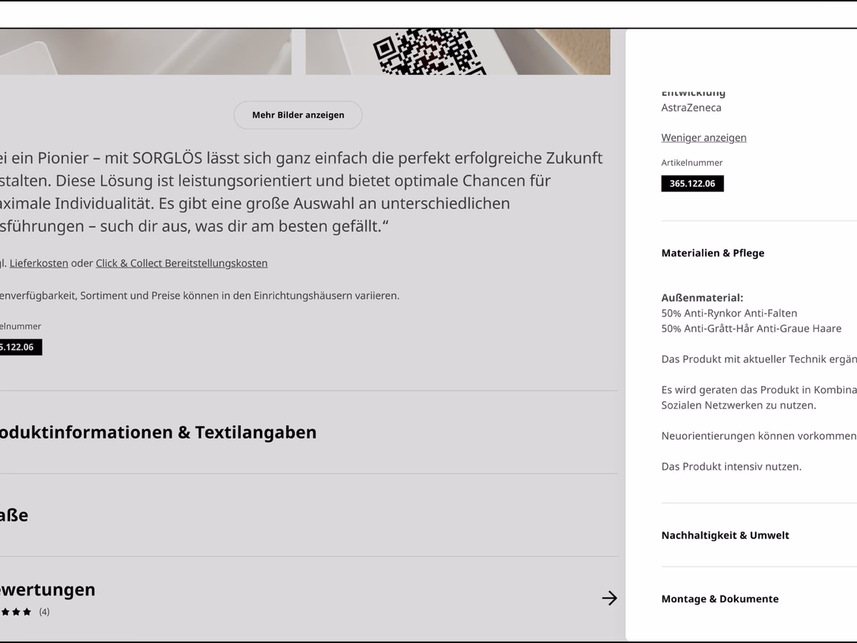 SORGLÖS review page with a fictional pioneer testimonial and a star rating.