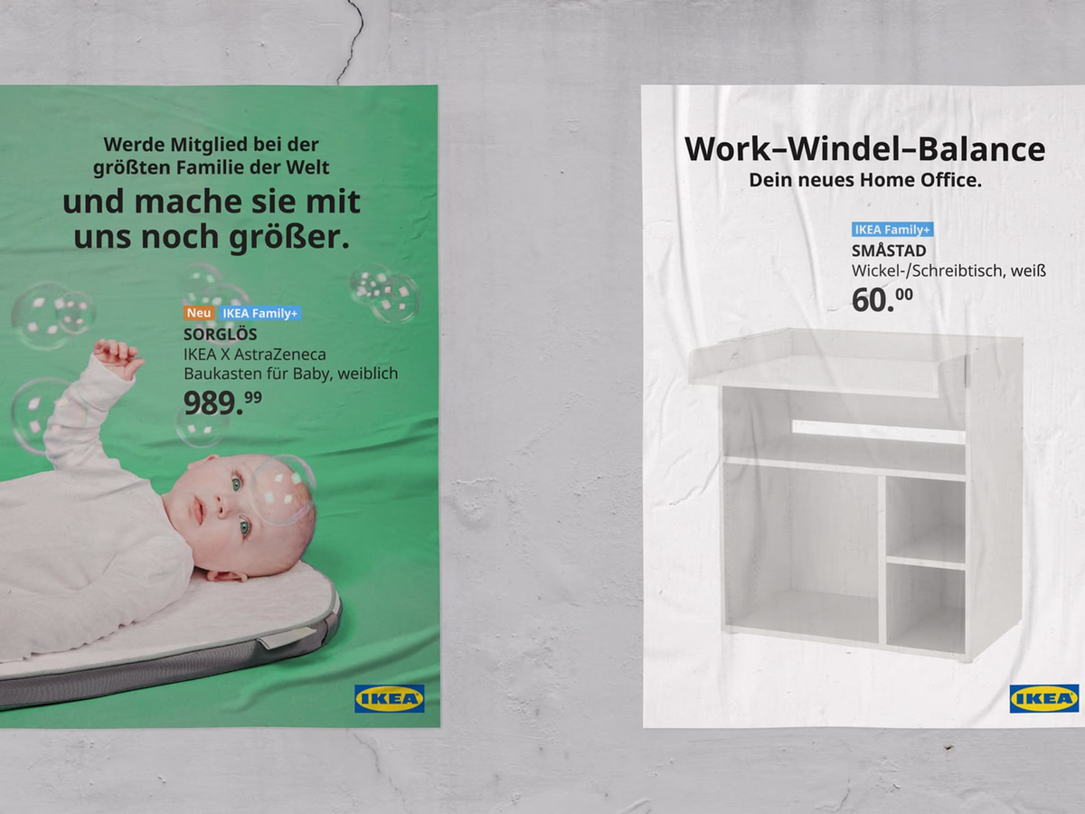 "Werk-Wickel-Balance" promotional display showing two mockup posters in a shopping arcade.
