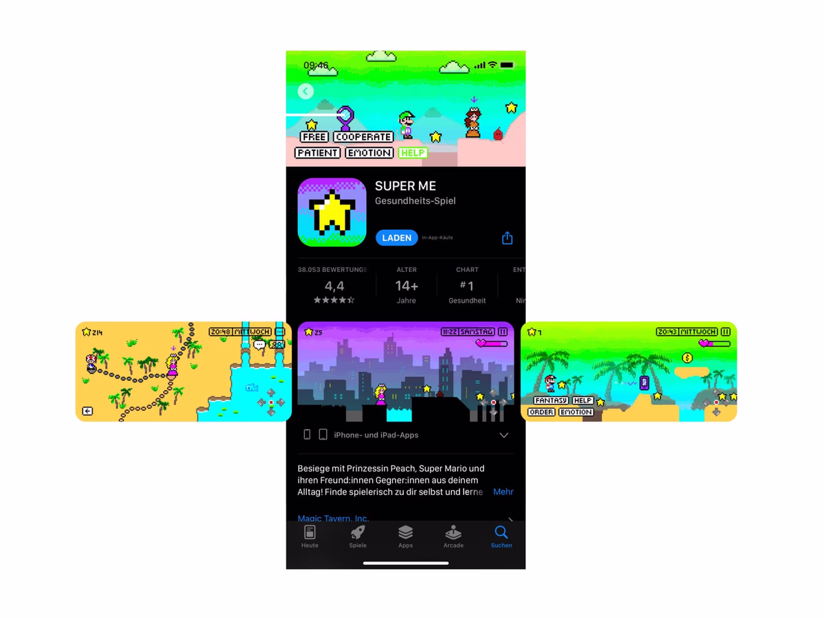 SUPER ME App Store mockup with a pixel-hero icon, a 4.4-star rating and a 14+ age rating.