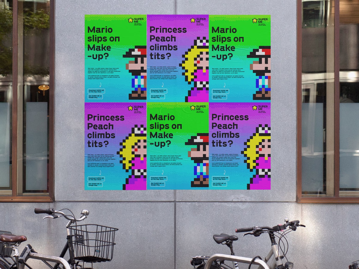 A row of SUPER ME posters in magenta and lime applied to a glass storefront with tables in front.
