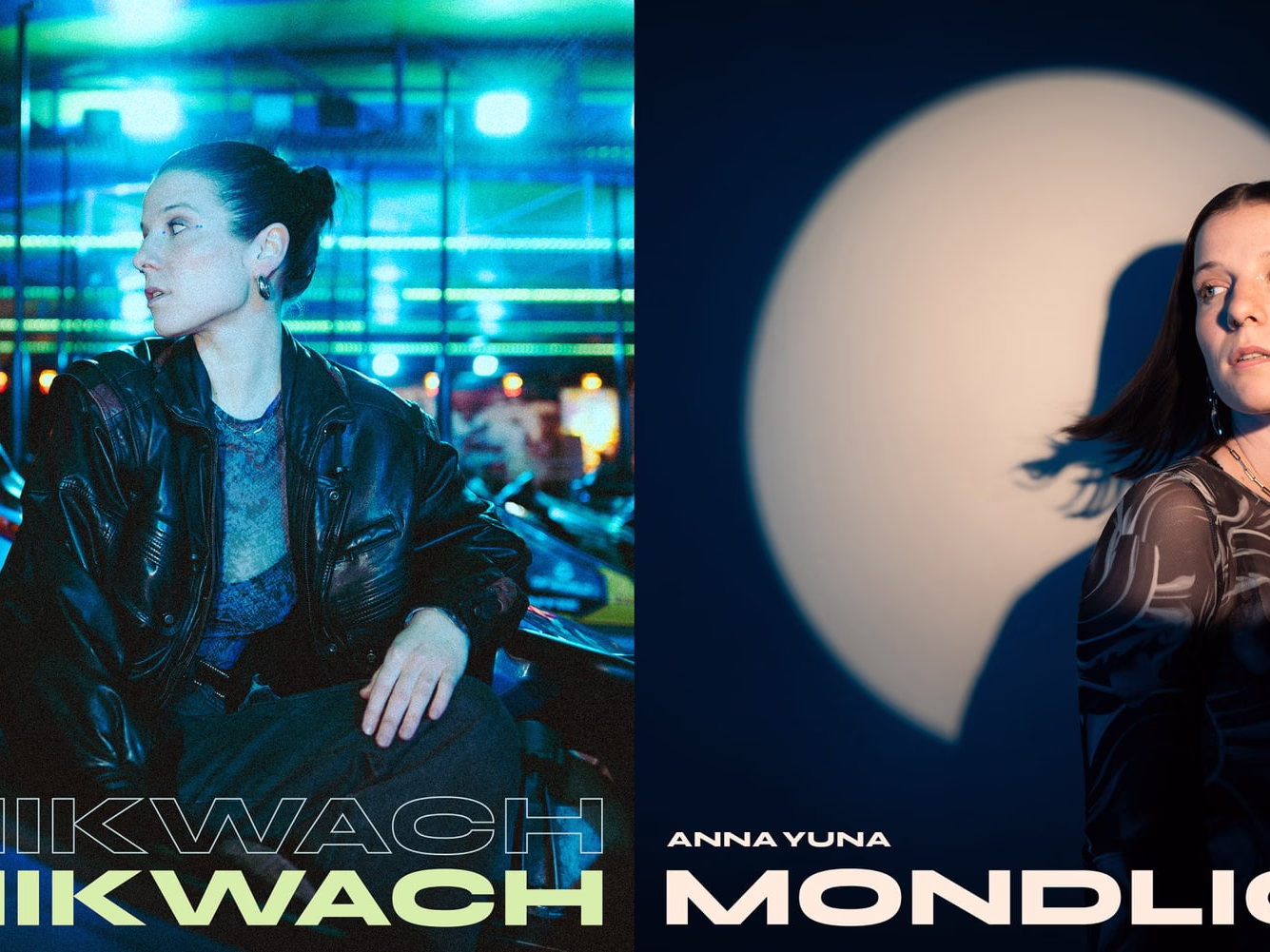 Two ANNA YUNA single covers side by side — PANIKWACH inside a neon-lit car, MONDLICHT against a glowing moon.