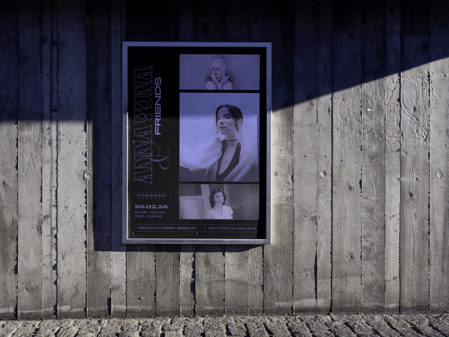 ANNA YUNA concert poster pasted onto a rough wooden wall in warm evening light.
